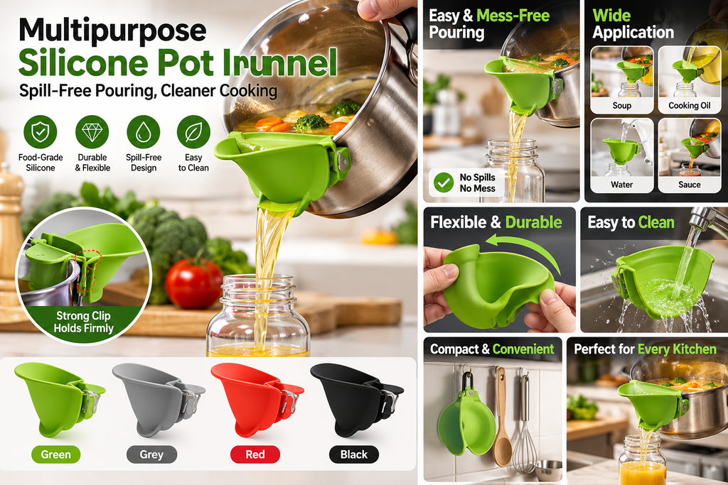 Multipurpose Clip-On Silicone Pot Funnel – Spill-Free Kitchen Pouring Tool